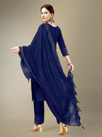 Jyoti Fashion Women's Navy Blue Cotton Blend Embroidery & Fancy Lace work Kurta with Trouser & Dupatta | Grocsy