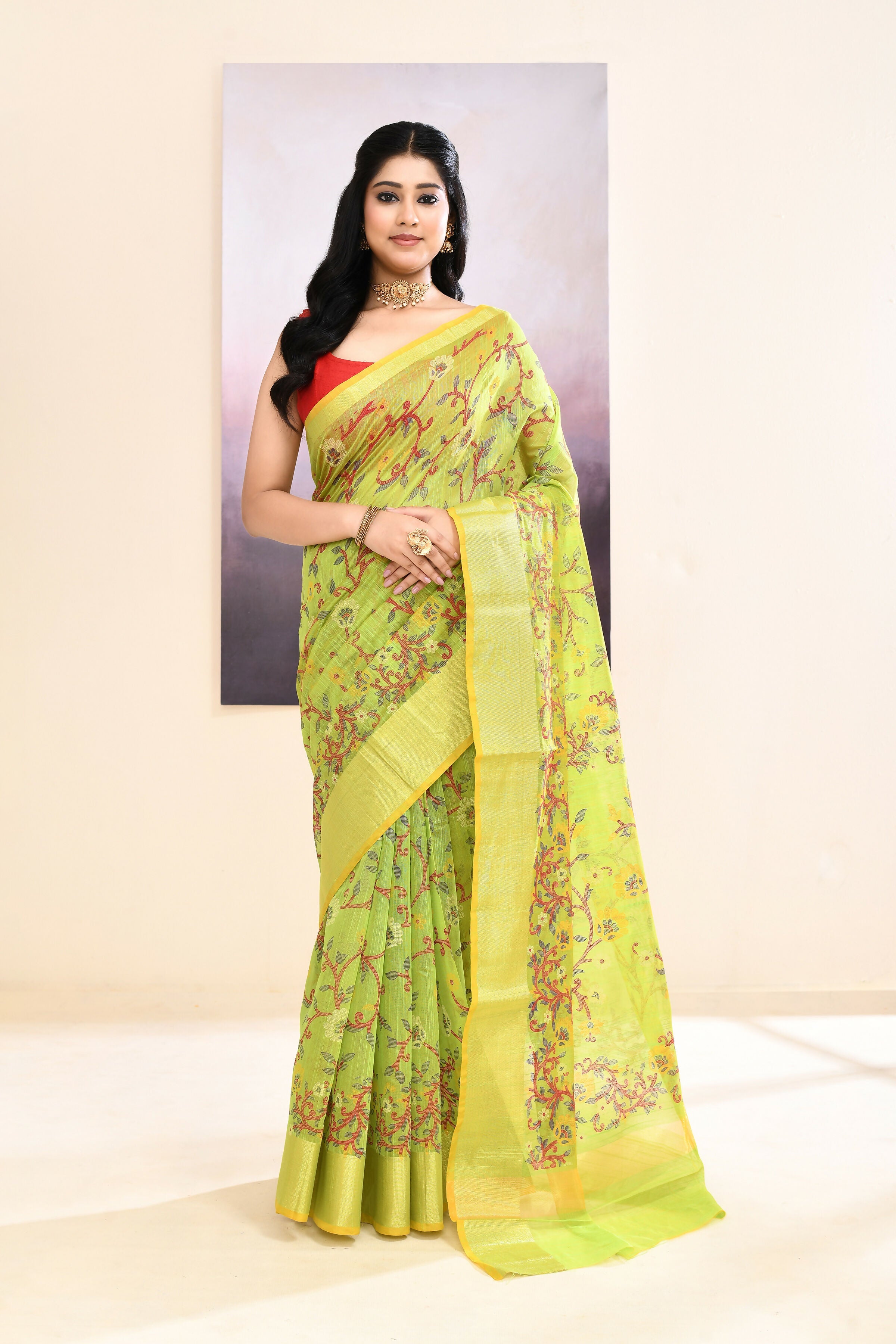 Piyari Fashion Women's Olive Embellished Cotton Blend Printed Saree | Grocsy