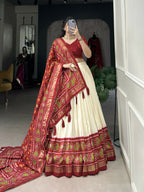 Lorenvalley Offwhite and Red Tussar Silk Patola Print Lehenga Choli | Grocsy