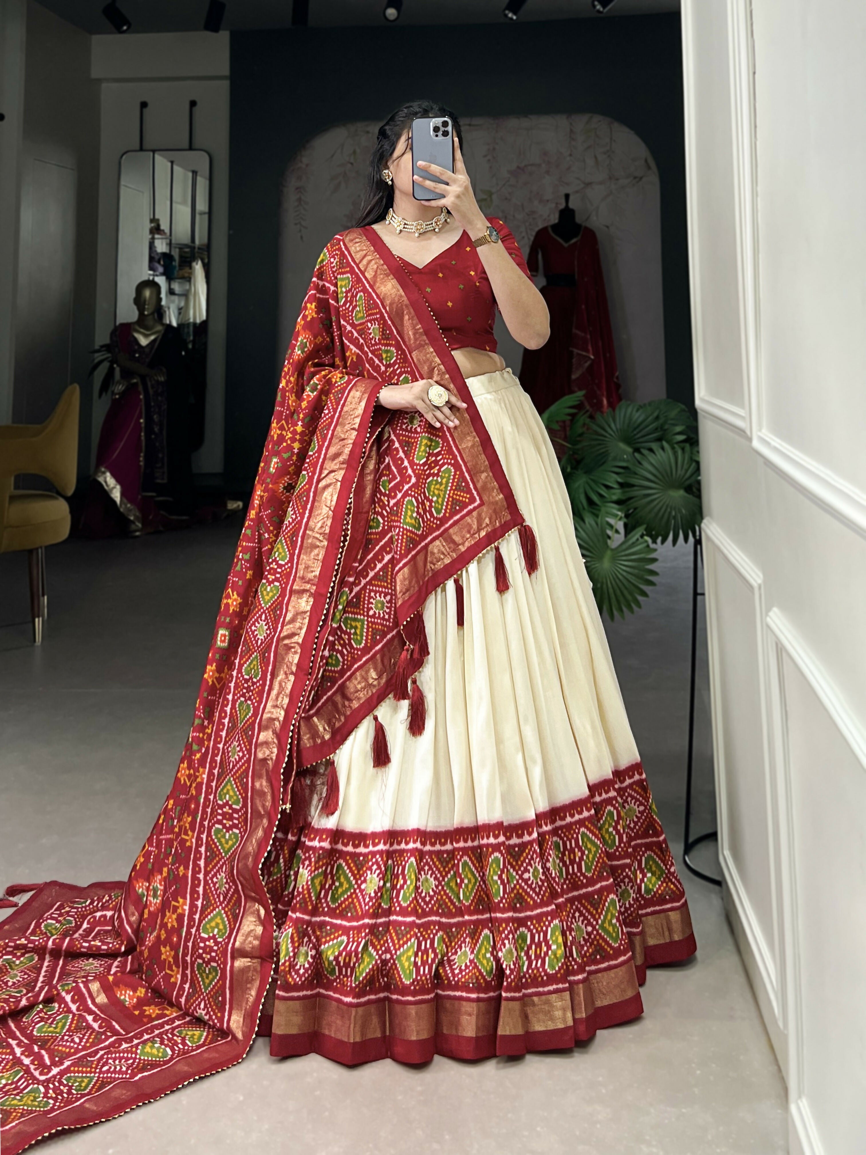 Lorenvalley Offwhite and Red Tussar Silk Patola Print Lehenga Choli | Grocsy