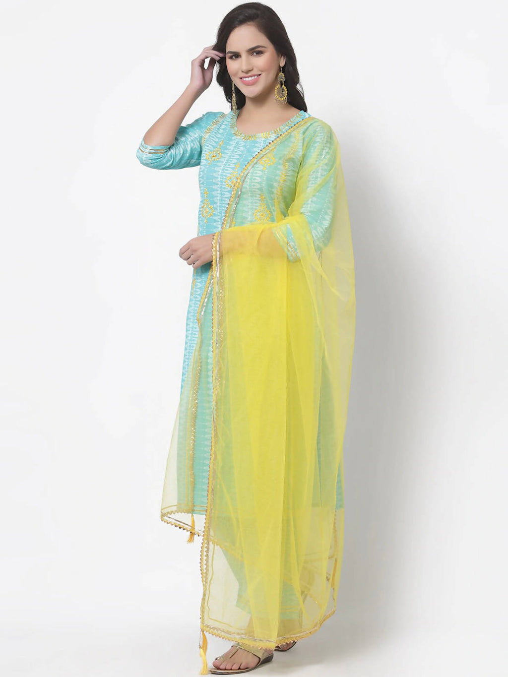 Myshka Women Turquoise Blue Layered Pure Cotton Kurti With Trousers & Dupatta | Grocsy