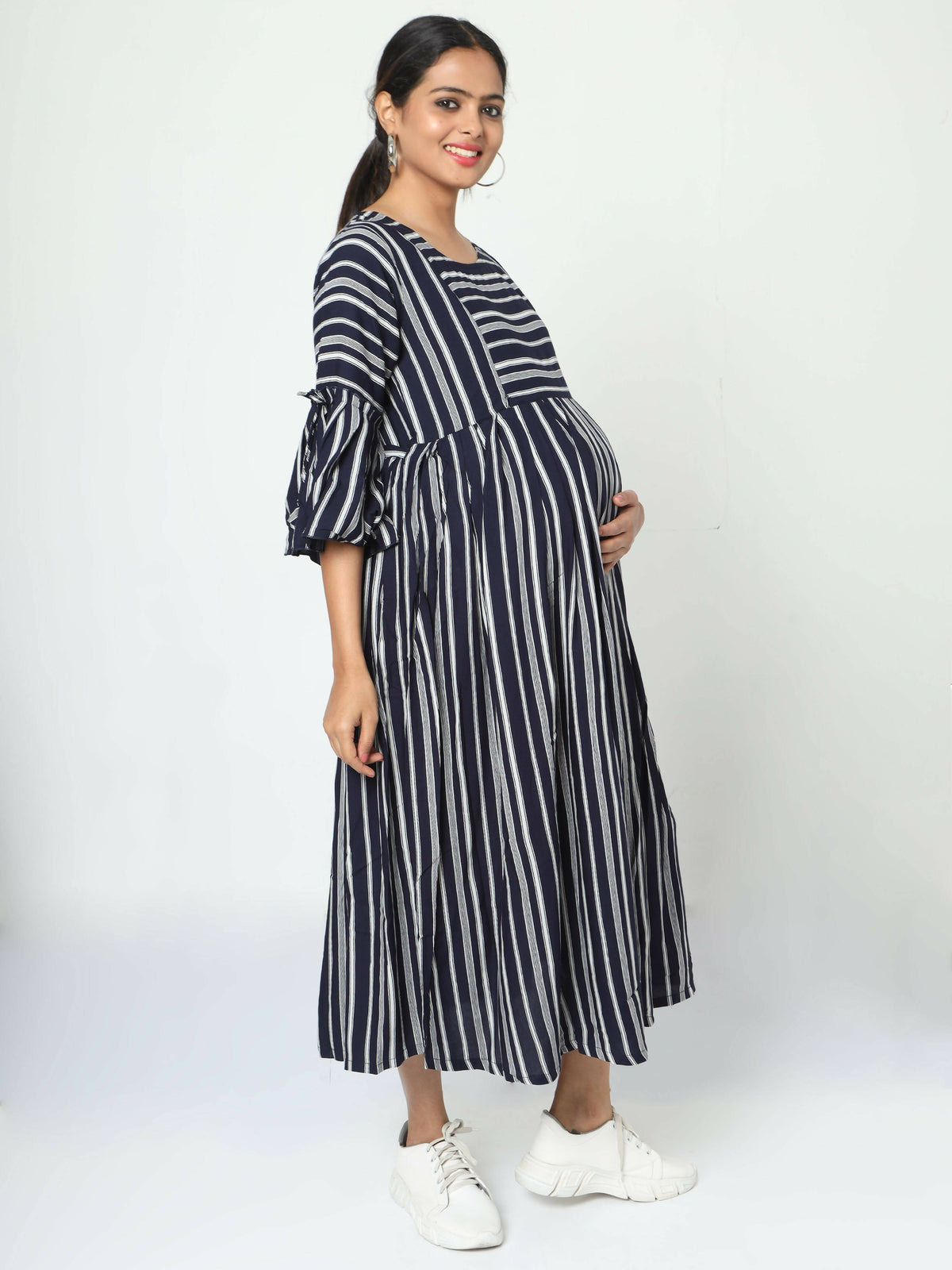 Manet Three Fourth Maternity Dress With Concealed Zipper Nursing Access - Navy Blue | Grocsy