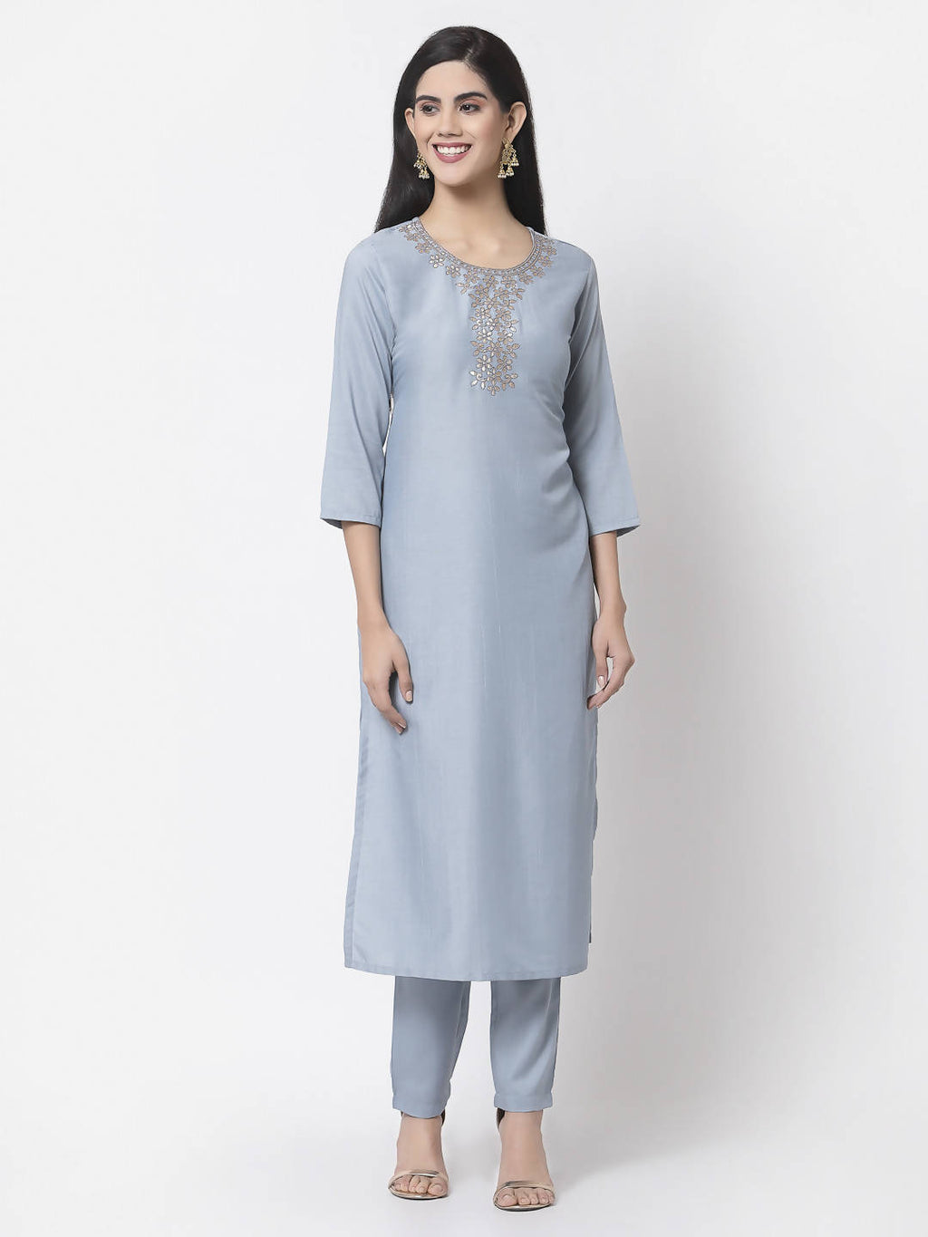 Myshka Women Light Blue Silk Blend Embroidered 3/4 Sleeve Round Neck Kurta Pant Dupatta Set | Grocsy