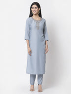 Myshka Women Light Blue Silk Blend Embroidered 3/4 Sleeve Round Neck Kurta Pant Dupatta Set | Grocsy