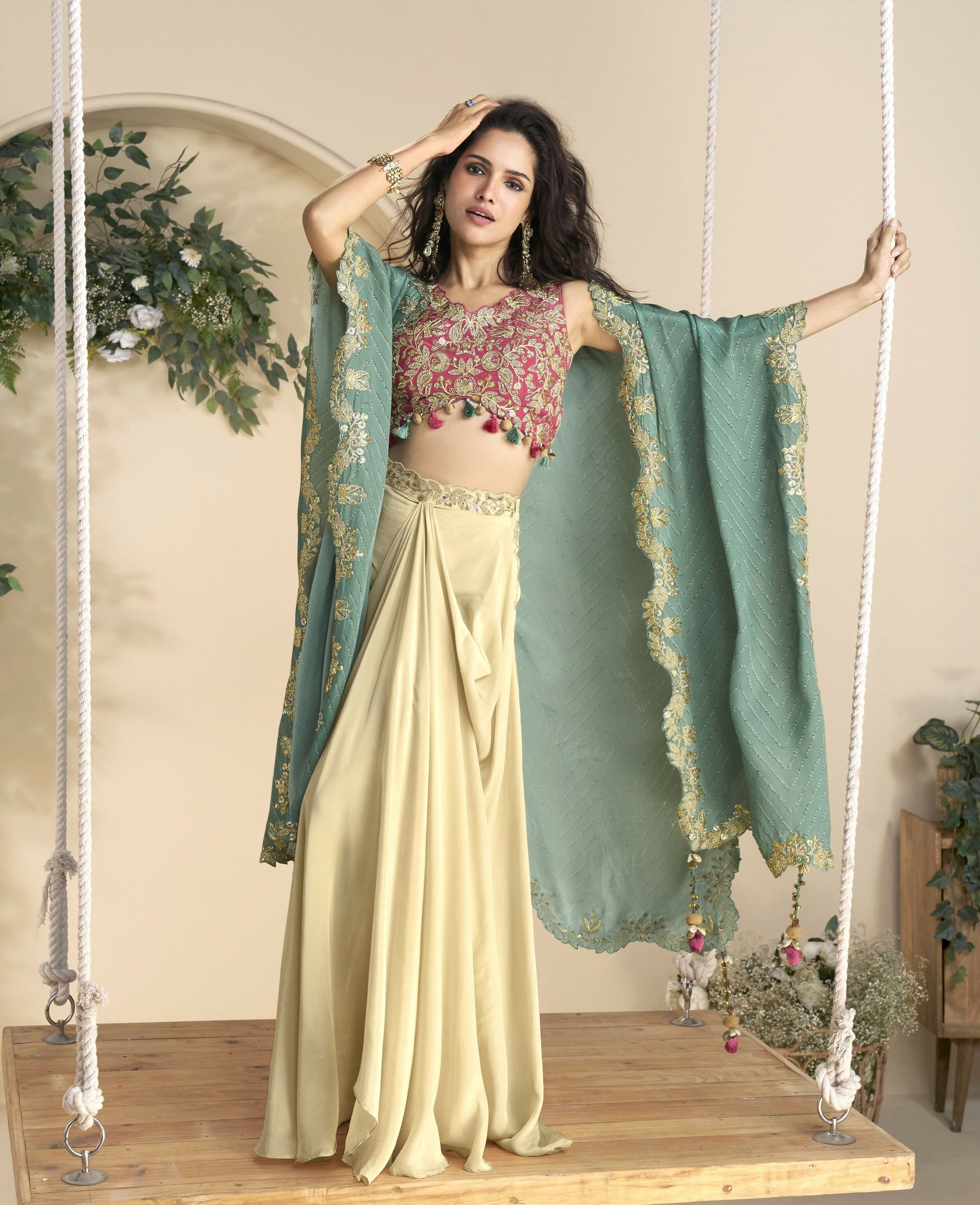 Anaita Maroon Chinon Readymade Shrug Suit with Embroidery Sequence Work | Grocsy