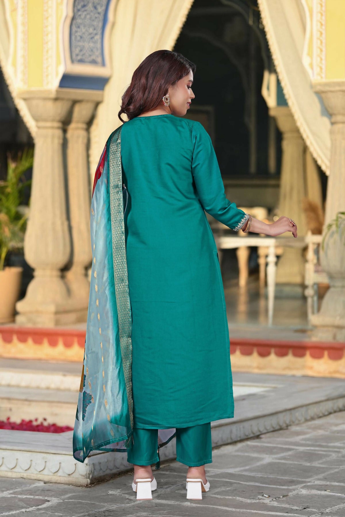 The52 Women's Beautiful Viscose Chanderi Fabric Embroidery Work Straight Kurta Pant and Dupatta Set | Grocsy