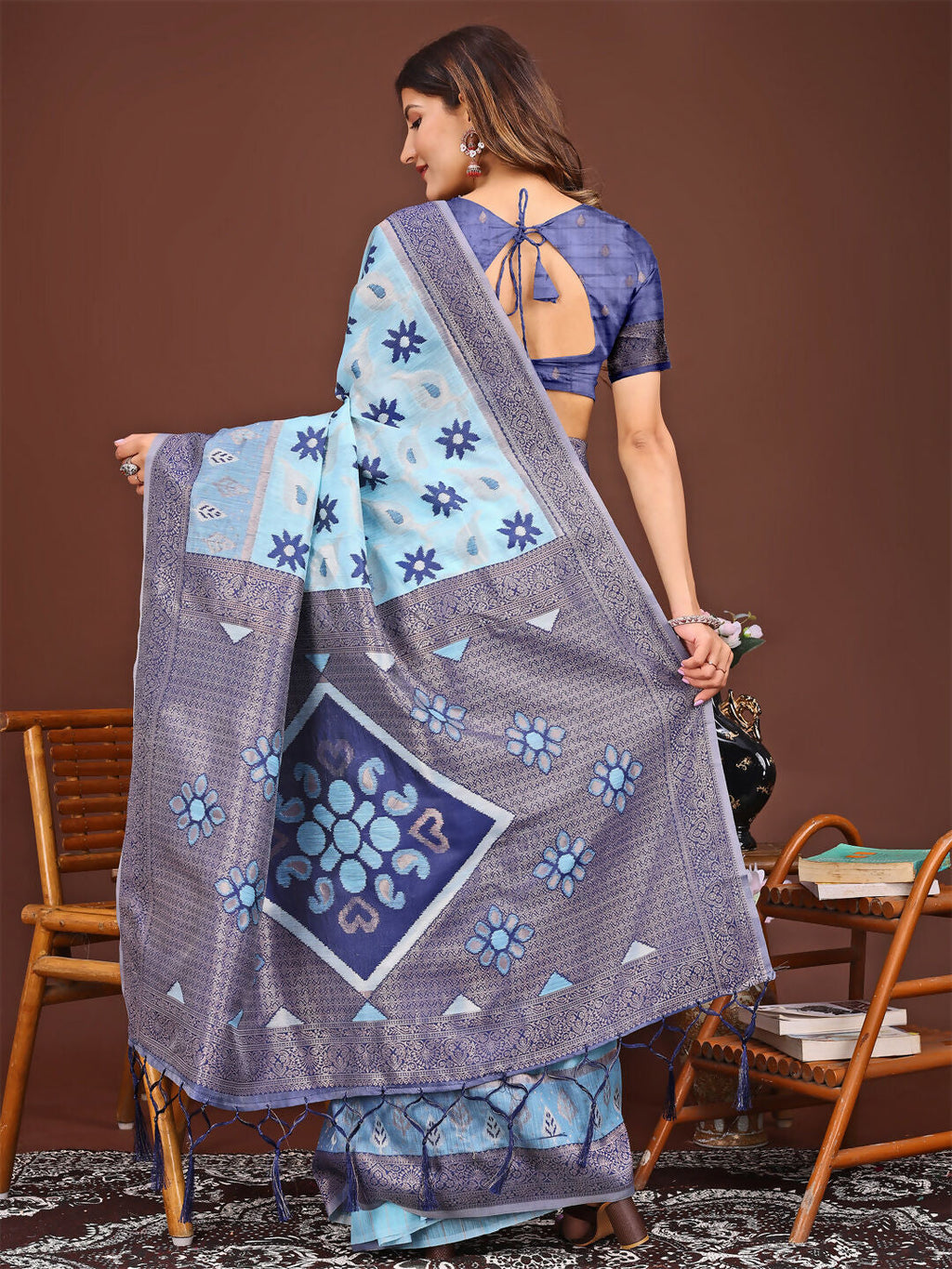 Shree Shyam Fashion Sajni Sky Blue Linen Cotton Saree | Grocsy