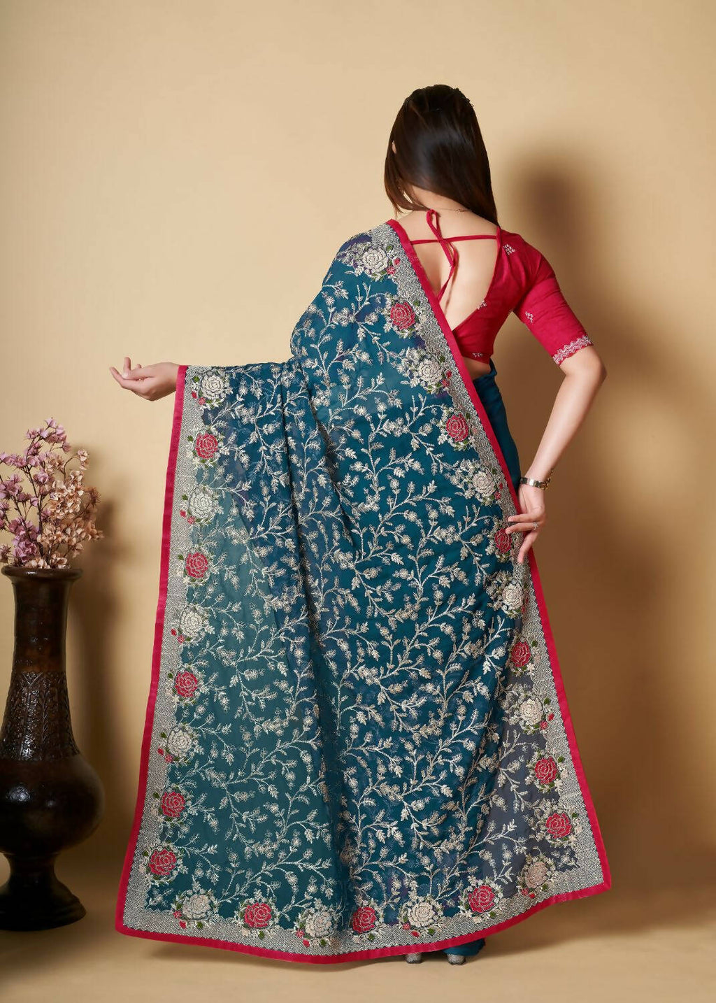 Vamsee Teal Organza Saree | Grocsy