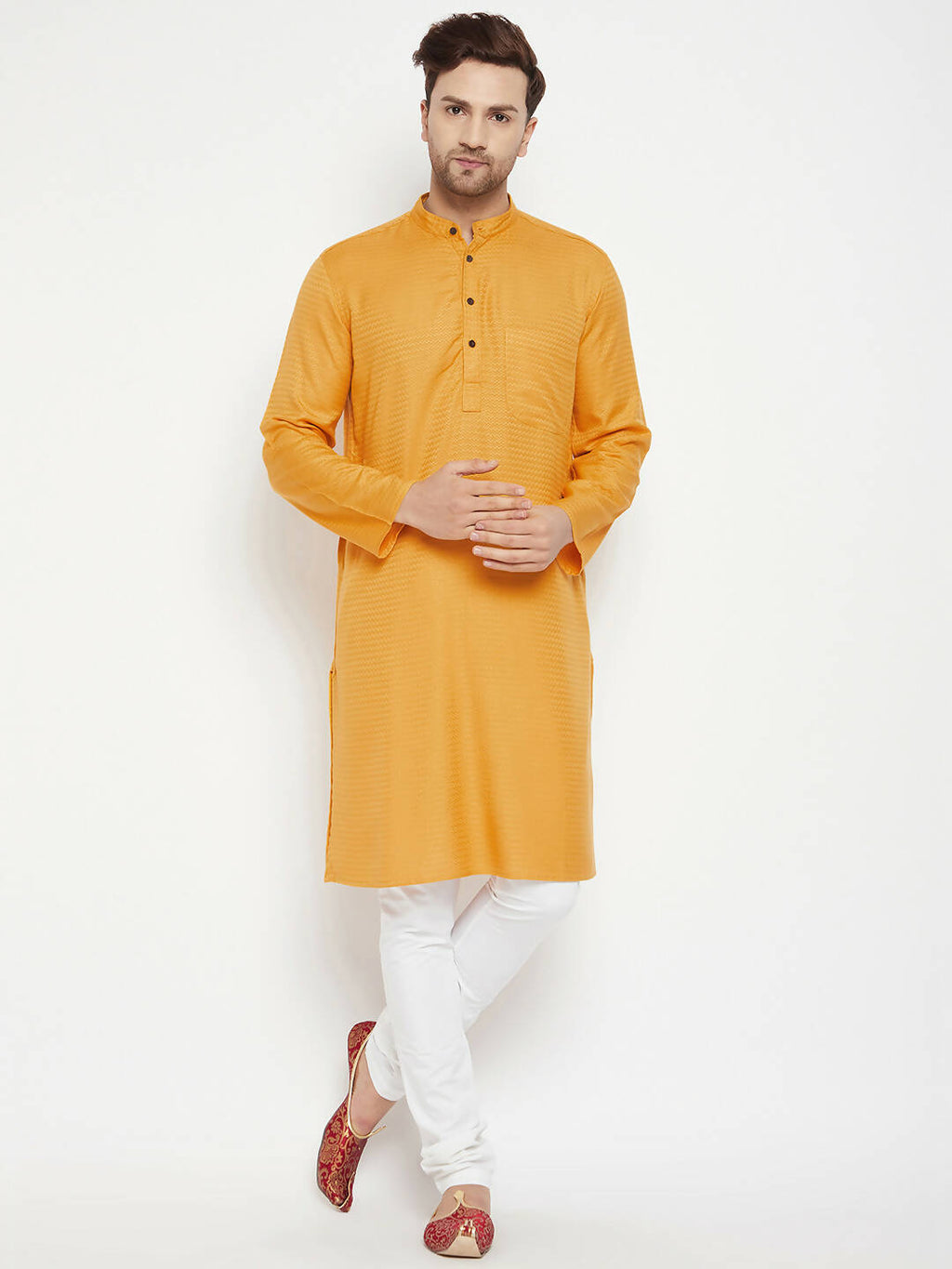 Even Apparels Yellow Viscose Men's Long Kurta With Band Collar | Grocsy