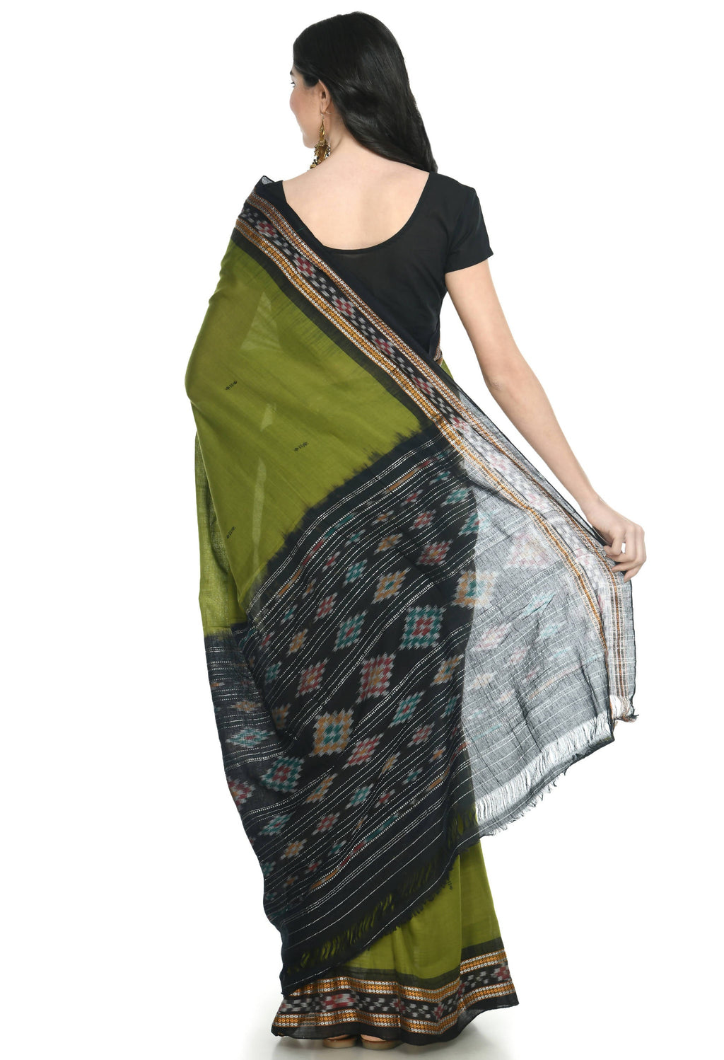 Vamika Sambalpuri Ikat Cotton Rekhabala Buti Green & Black Saree | Grocsy
