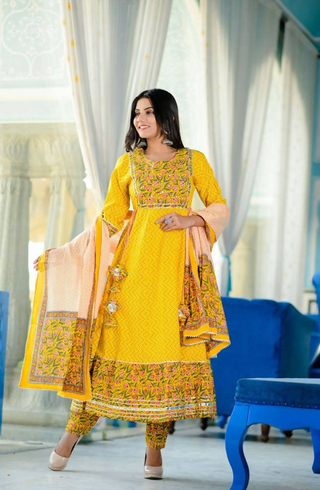 Yufta Women Yellow Handblock Anarkali Kurta with Trouser & Dupatta | Grocsy