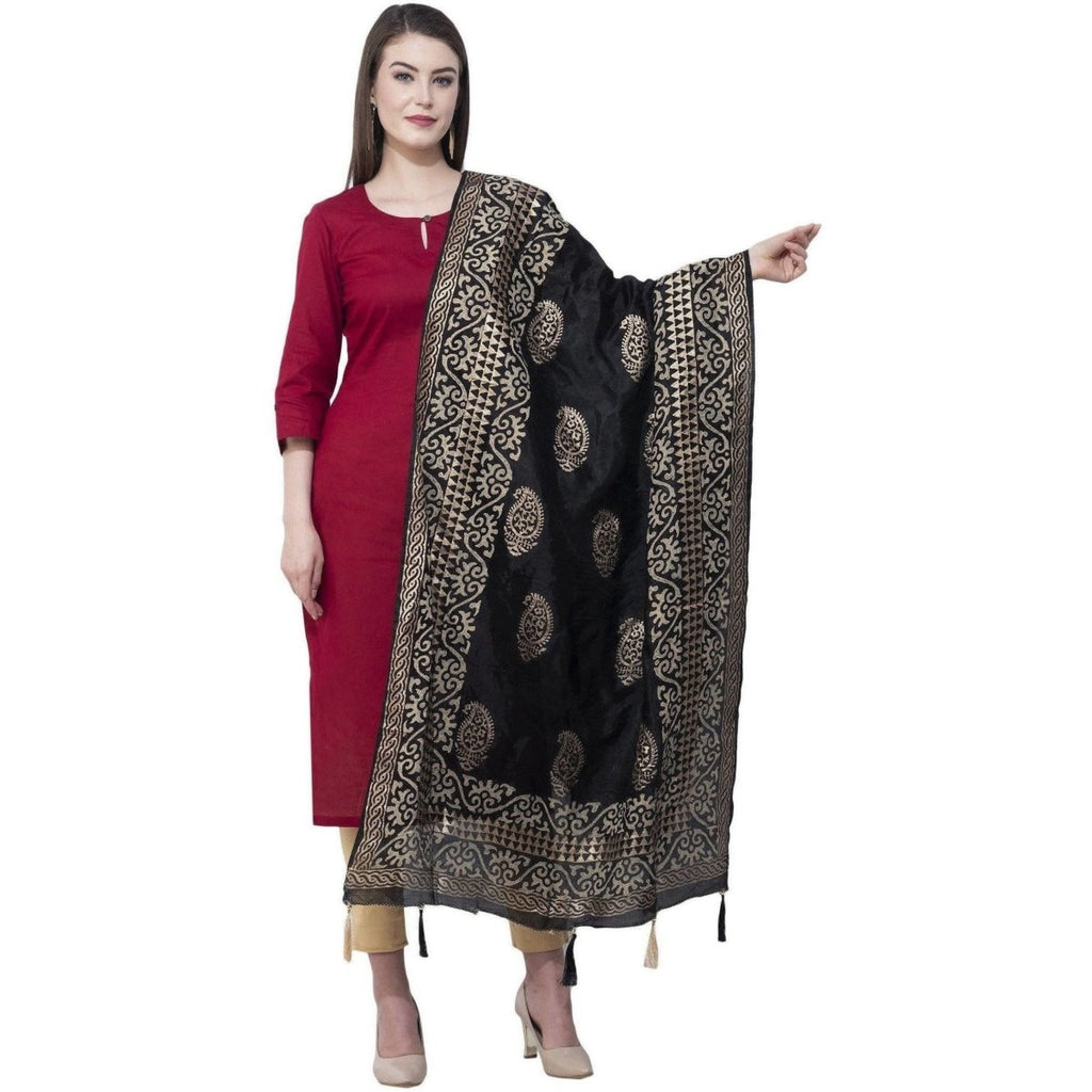 A R Silk Women's Gold Print Silk Black Dupattas and Chunnis | Grocsy