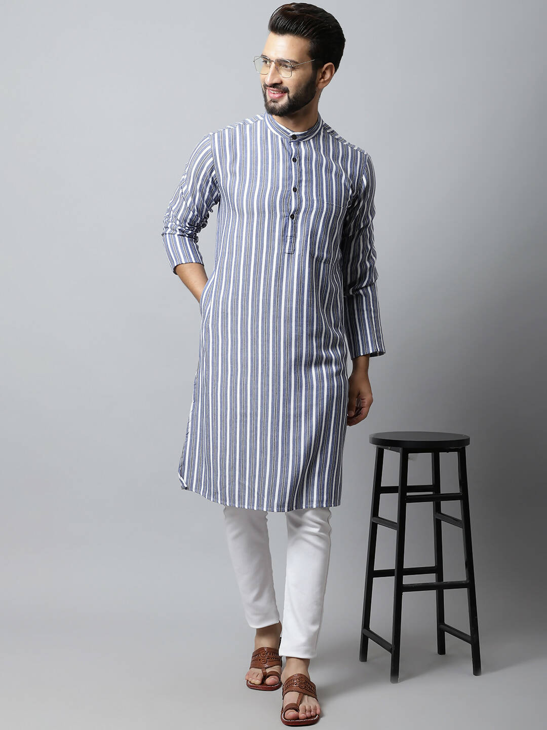 Even Apparels Blue Color Pure Cotton Men's Kurta With Band Collar (STR1168) | Grocsy