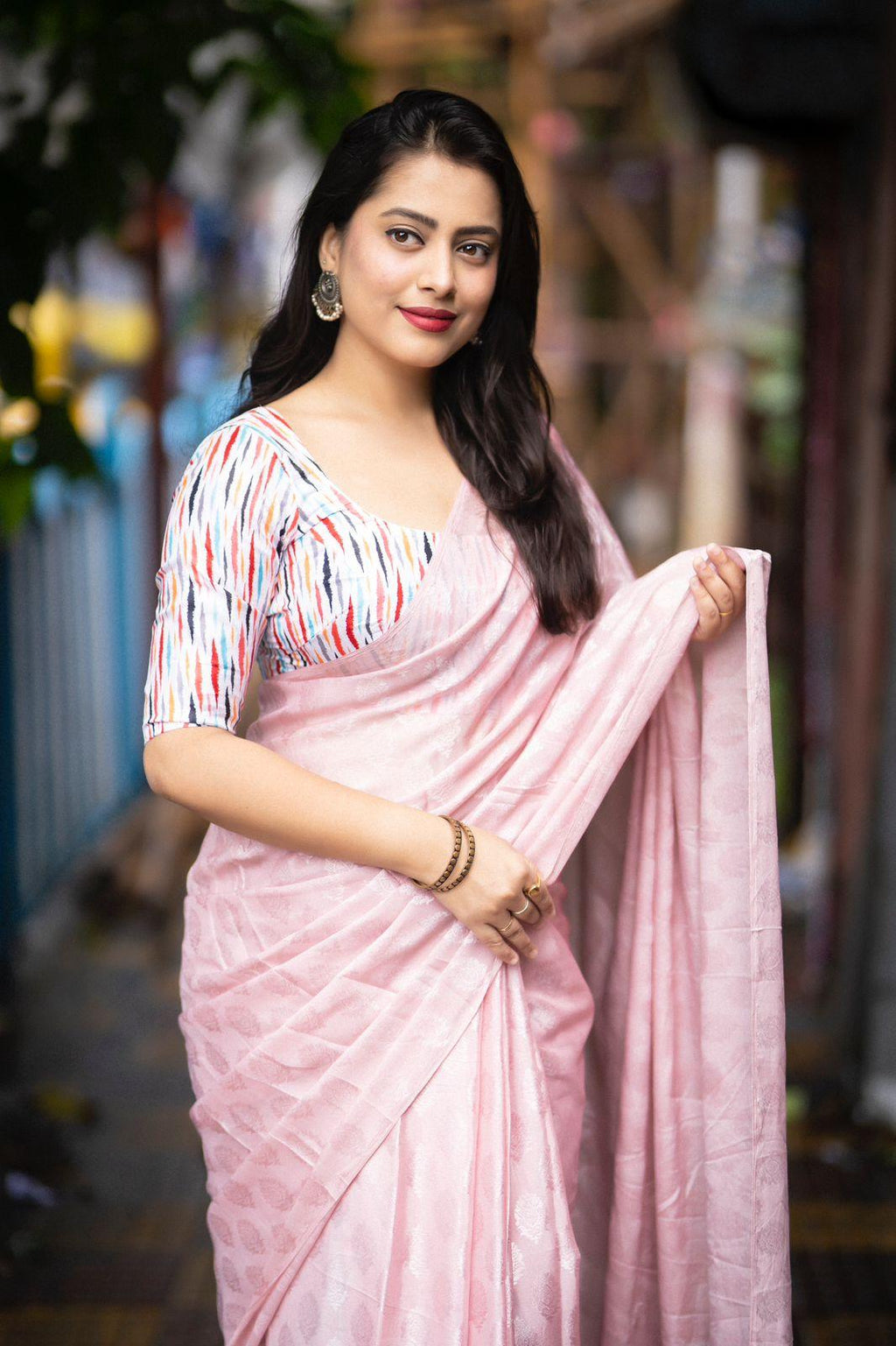 Pink Poly Crepe Ethnic Motifs Saree with Unstitched Blouse - Hiral Fashion | Grocsy