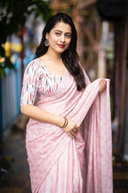 Pink Poly Crepe Ethnic Motifs Saree with Unstitched Blouse - A2M | Grocsy