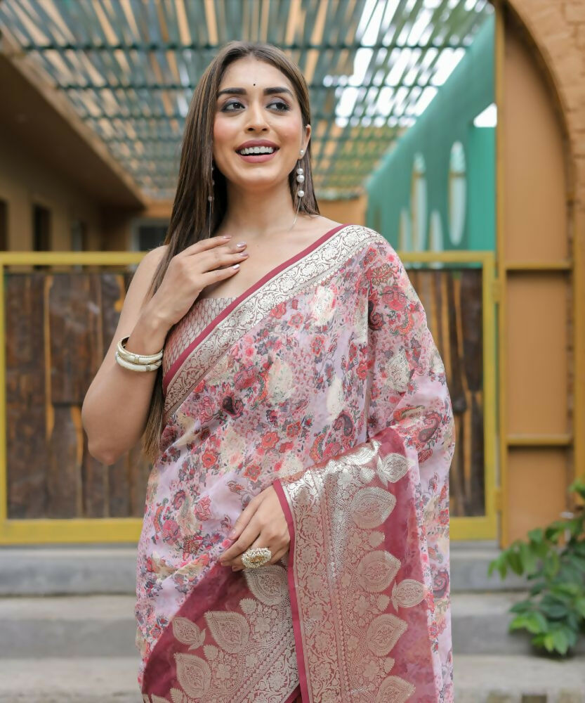 Vamsee Dhruvini Baby Pink Georgette Saree | Grocsy