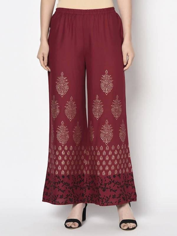 Aniyah Rayon Maroon Color Block Print Flared Slip-On Palazzo (AN-183K) | Grocsy