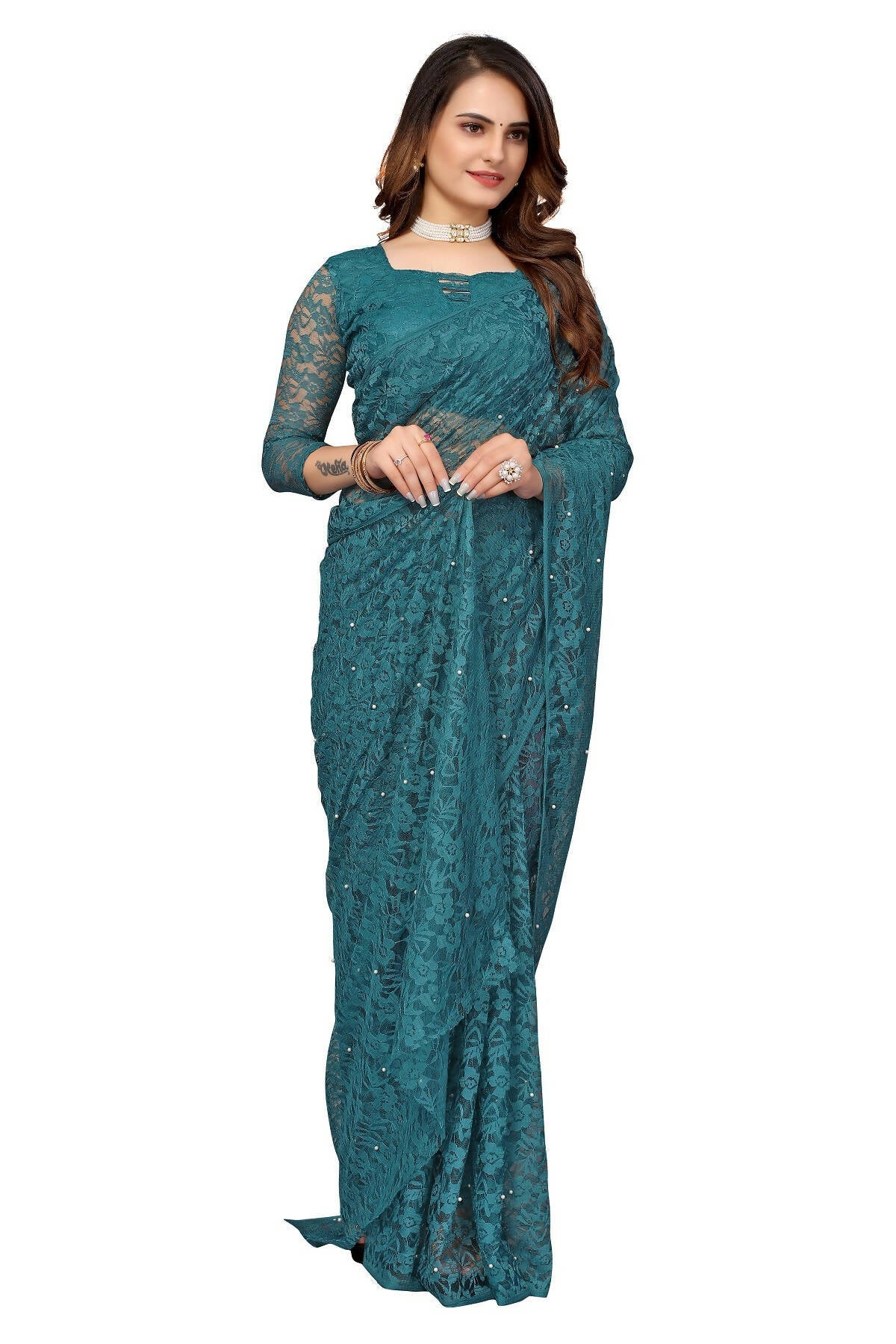 Vamika Rama Green Pearls Net Saree | Grocsy
