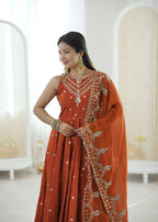 Teeya Creation Orange Color Roman Silk Embroidery Work Party Wear Gown | Grocsy