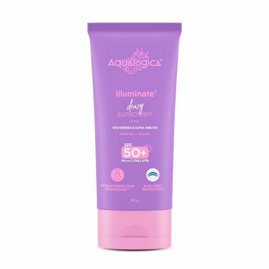 Aqualogica IIIuminate + Dewy Sunscreen SPF 50 PA++++ UVA/B & Blue Light Protection No White | Grocsy
