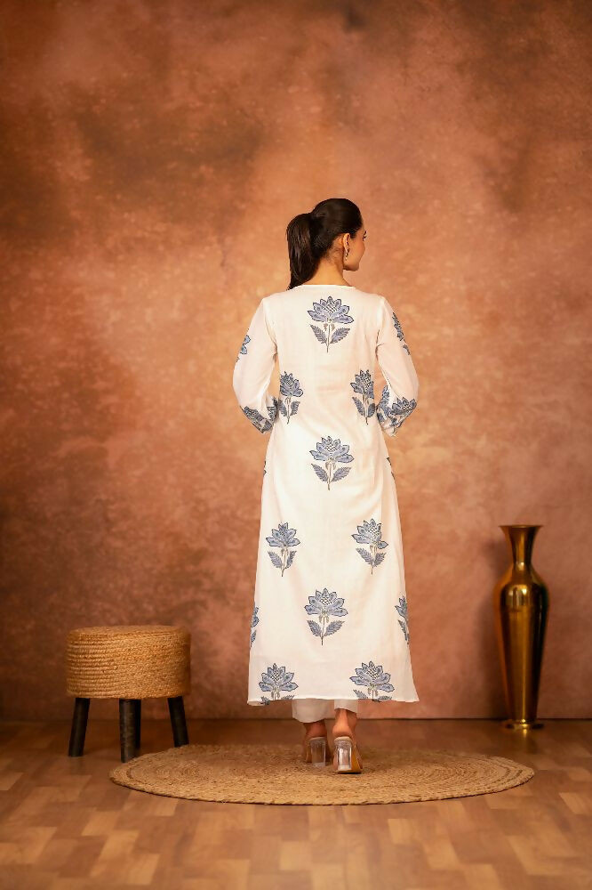Joban Fashion Blue Floral Hand Block Printed Cotton Kurta Pant Set | Grocsy