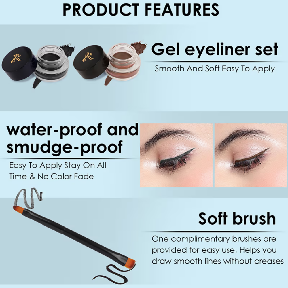 Ronzille 36Hr Waterproof And Smudge Proof Long Wear Gel Eyeliner With Brush - Black And Brown | Grocsy