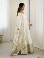 The52 Women's Gorgeous Chinon Silk Fabric Embroidery Work Flared Anarkali Pant and Dupatta Set | Grocsy