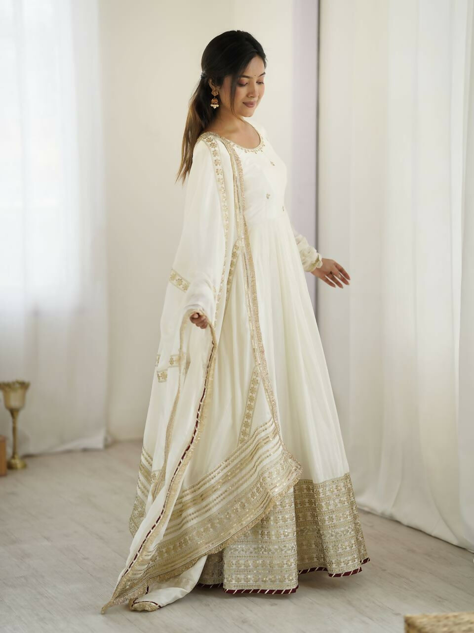 The52 Women's Gorgeous Chinon Silk Fabric Embroidery Work Flared Anarkali Pant and Dupatta Set | Grocsy