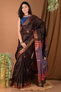 Very Much Indian Handloom Pure Dupion Silk Saree With Sleek Golden Border - Brown | Grocsy