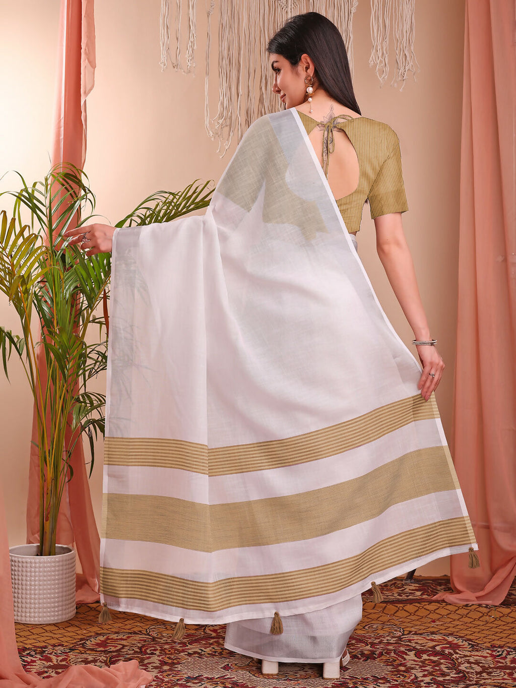 Shree Shyam Fashion The White Loom White Linen Cotton Saree | Grocsy