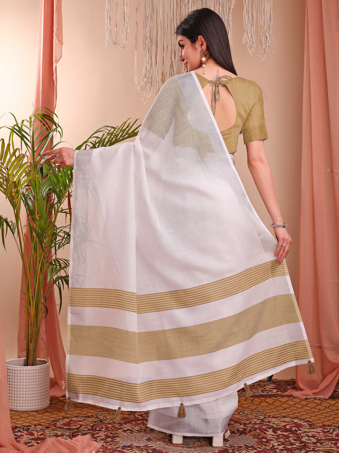 Shree Shyam Fashion The White Loom White Linen Cotton Saree | Grocsy