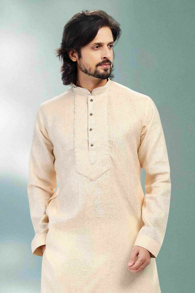Raivat Ethnic Linen Cotton Pintux Work Kurta Pajama In Beige Colour | Grocsy