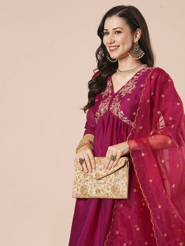Pink Vichitra Silk Embroidery Work Kurta Set - Riya | Grocsy