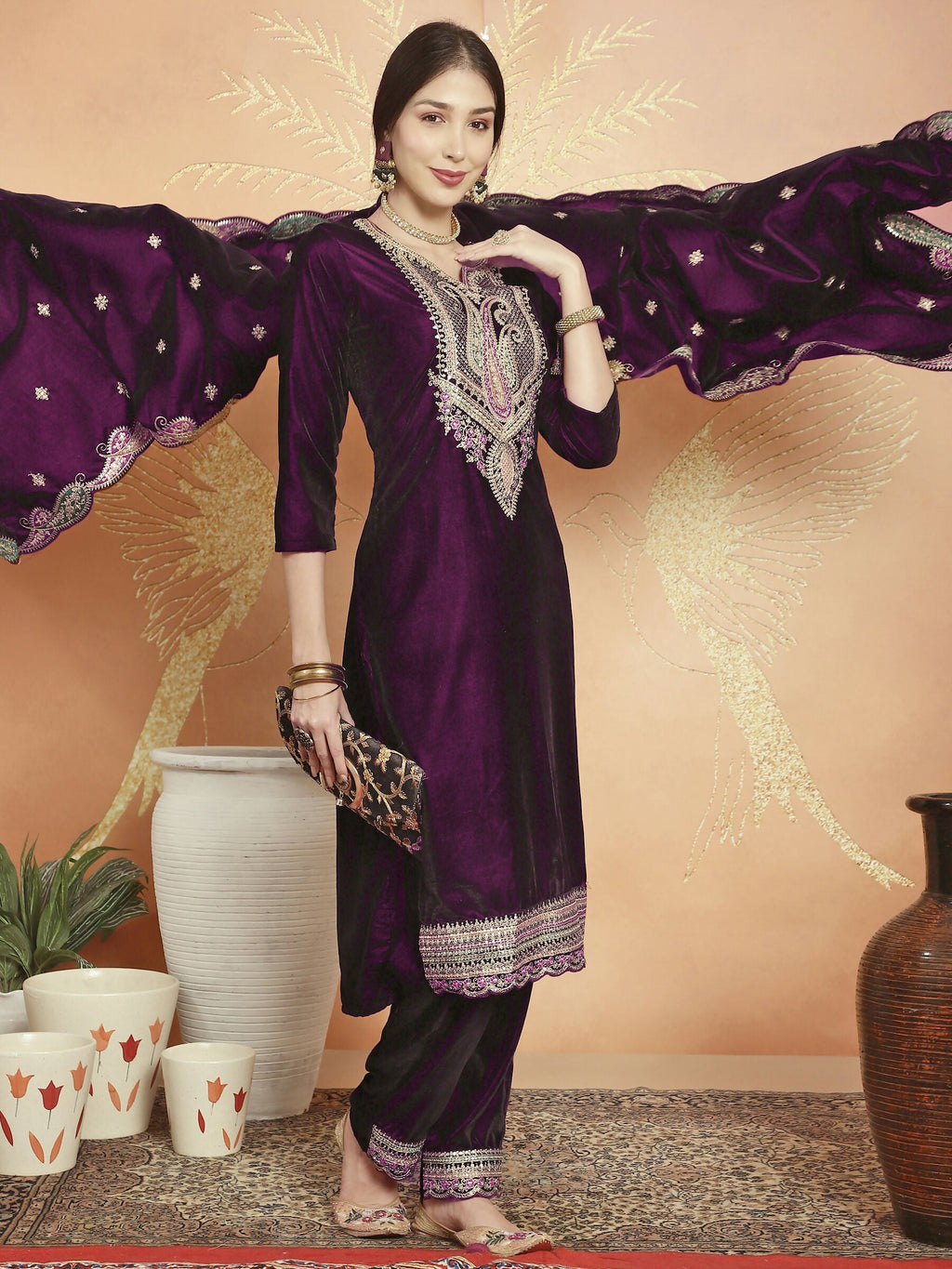 Jyoti Fashion Women's Wine Velvet Cording with Resham Thread & Sequin Kurta with Trouser & Dupatta | Grocsy