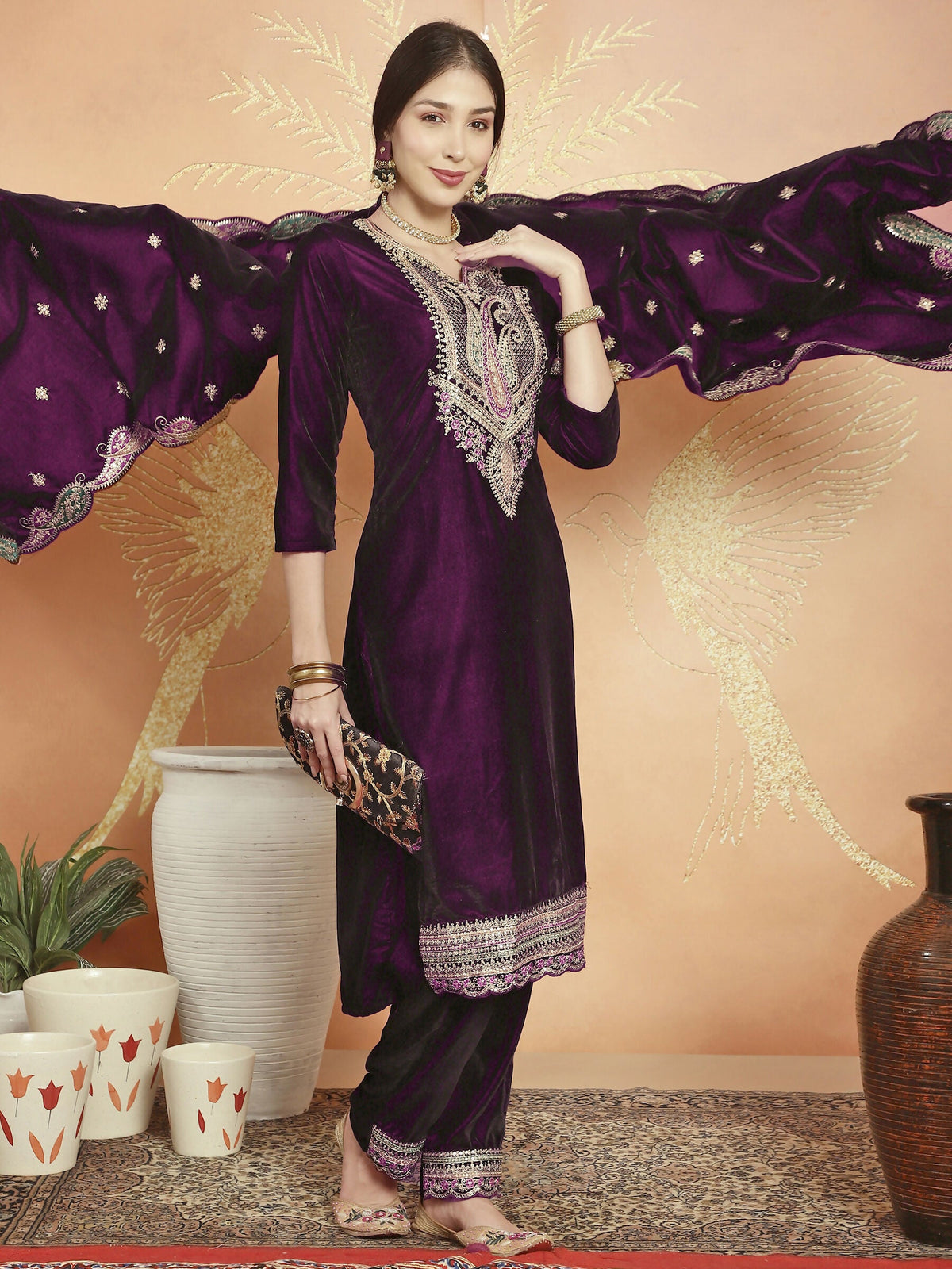 Jyoti Fashion Women's Wine Velvet Cording with Resham Thread & Sequin Kurta with Trouser & Dupatta | Grocsy