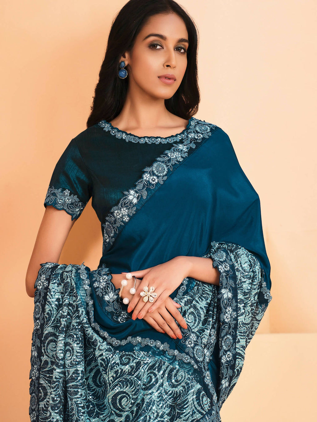 Teal Satin Crepe Silk Sequence Embroidered Saree With Unstitched Blouse - Mohmanthan Yavanika | Grocsy