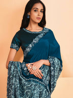 Teal Satin Crepe Silk Sequence Embroidered Saree With Unstitched Blouse - Mohmanthan Yavanika | Grocsy
