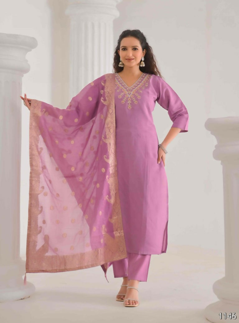 Ethnic Festive Wear Viscose Chanderi Pink Stitched Suit With Dupatta - Tanisha | Grocsy