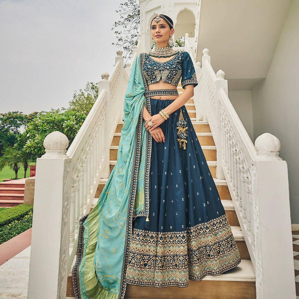 Navy Blue Heavy Viscose Khatli, Embroidery & Mirror Work Unstitched Lehenga Choli - Sisha Keshav | Grocsy
