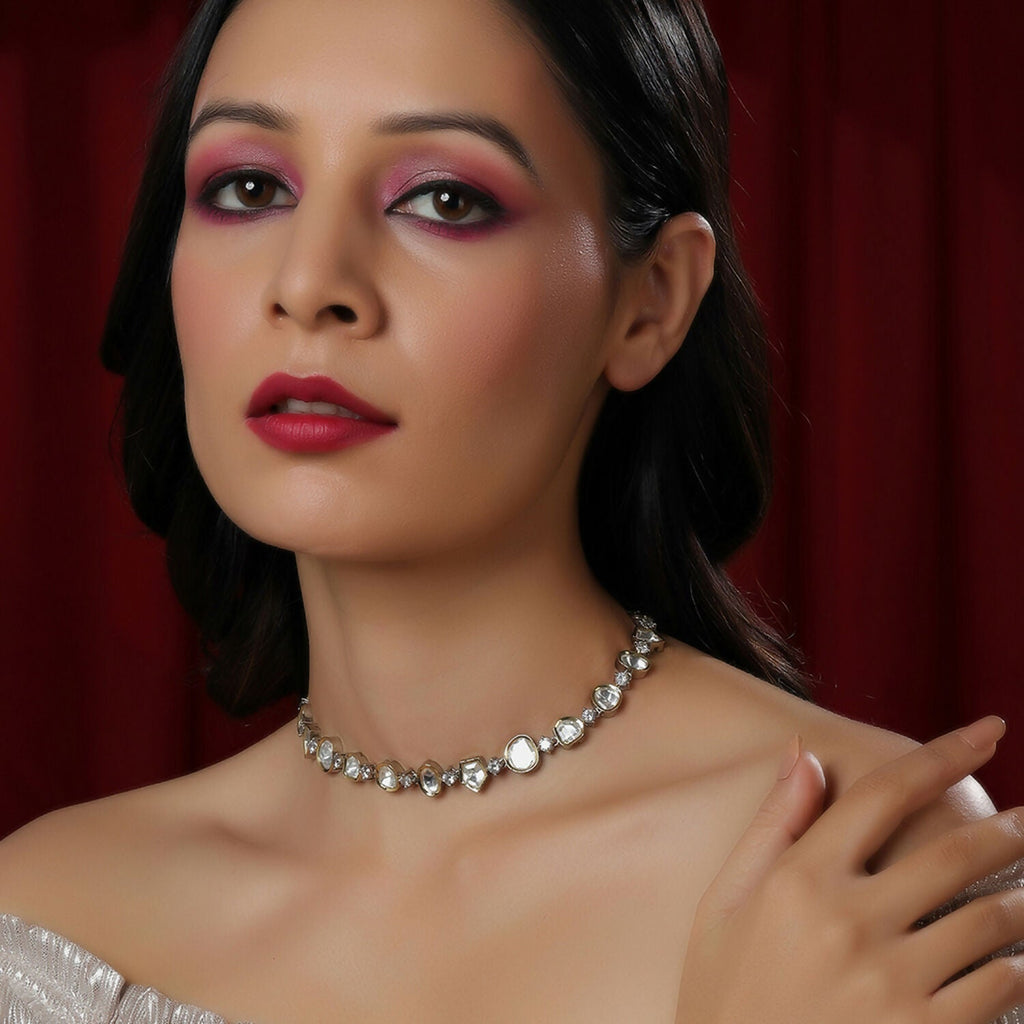 Kundan and Diamond Neckpiece (Silver) - Ruby Raang | Grocsy