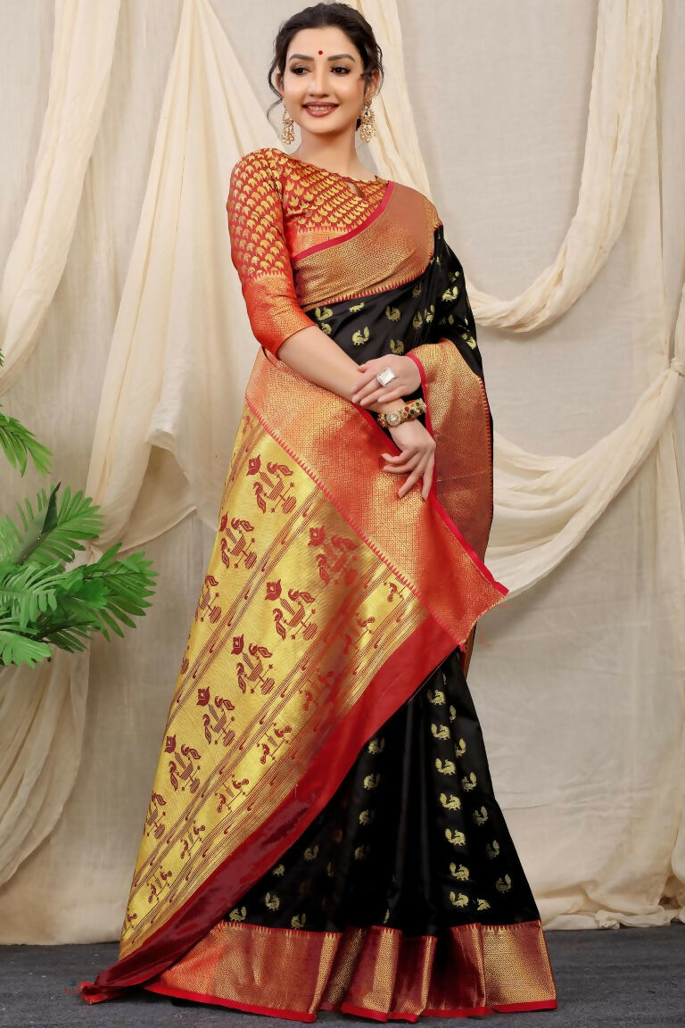 Jyoti Fashion Women's Black Banarasi Silk Zari Woven Saree with Blouse | Grocsy