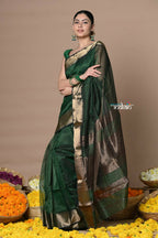Very Much Indian Rajsi - Handloom Ari Checks Cotton Silk Saree With Golden Border - Bottle Green | Grocsy