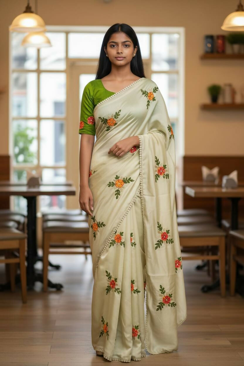 Teeya Creation Cream Rangoli Silk Embroidery Work Party Wear Designer Saree | Grocsy