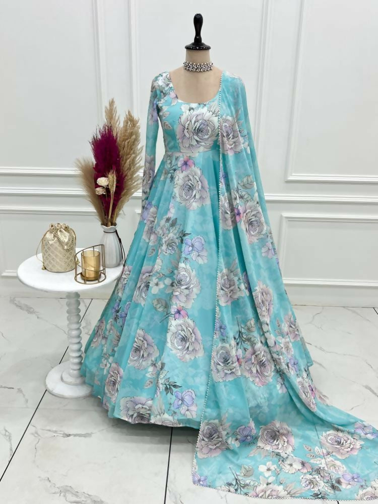 The52 Women's Gorgeous Printed Fox Georgette Fabric Flared Anarkali and Dupatta Set-Sky | Grocsy