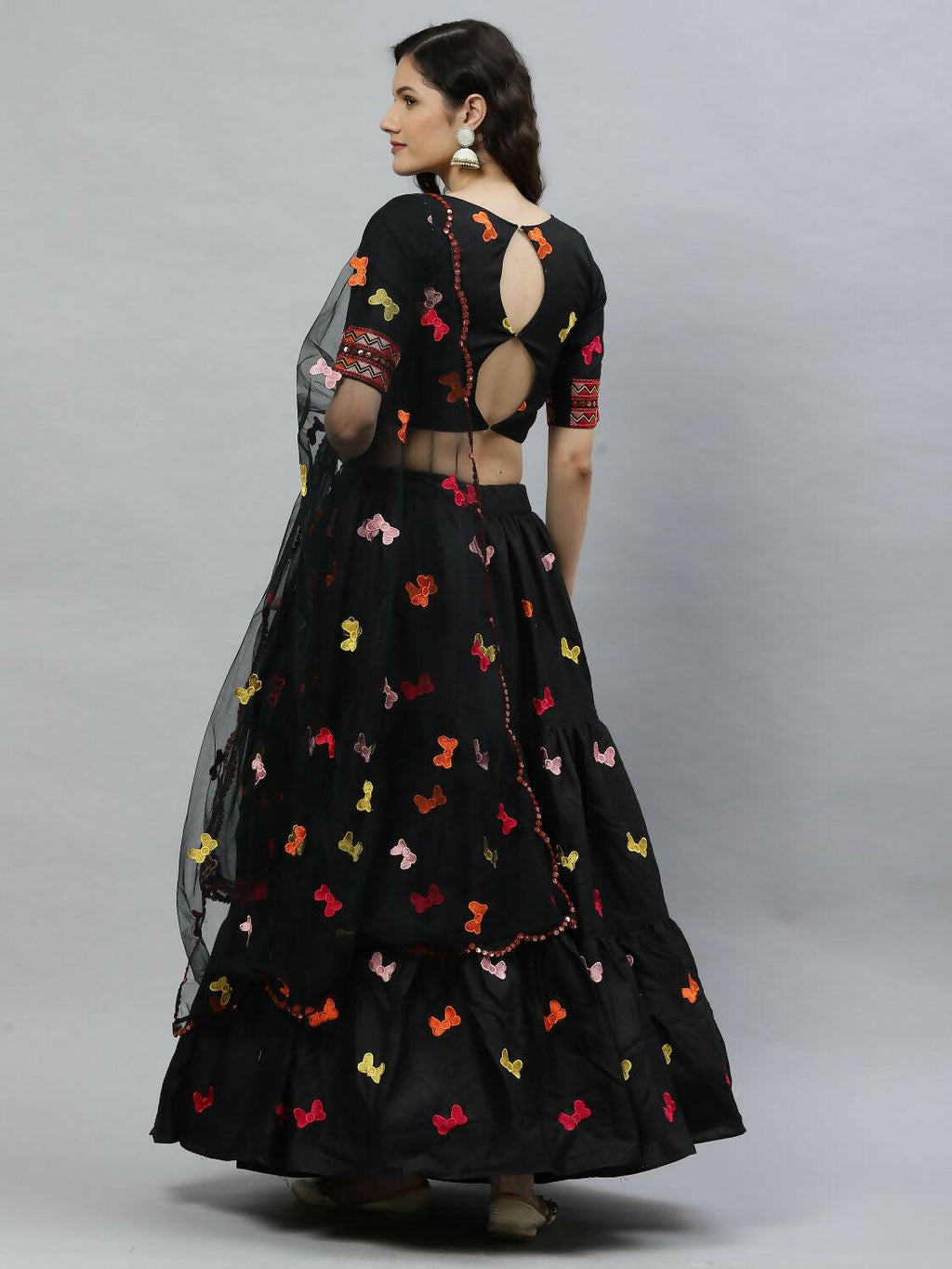 Black Cotton Embroidered Work Lehenga Choli with Dupatta - Jivika | Grocsy