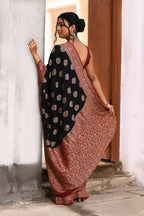 Joban Fashion Black Crepe Chiffon Pure Handloom Banarasi Silk Saree | Grocsy