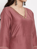 Myshka Women's Dark Pink Cotton Solid 3/4 Sleeve V Neck Casual Anarkali Gown | Grocsy