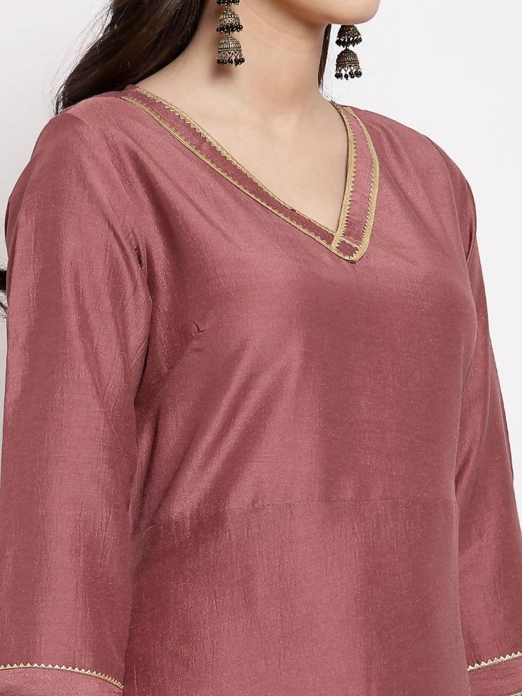 Myshka Women's Dark Pink Cotton Solid 3/4 Sleeve V Neck Casual Anarkali Gown | Grocsy