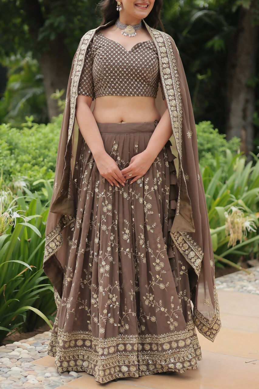 Vastranavya Designer Heavy Sequins & Thread Embroidered work Lehenga Choli - Beige | Grocsy