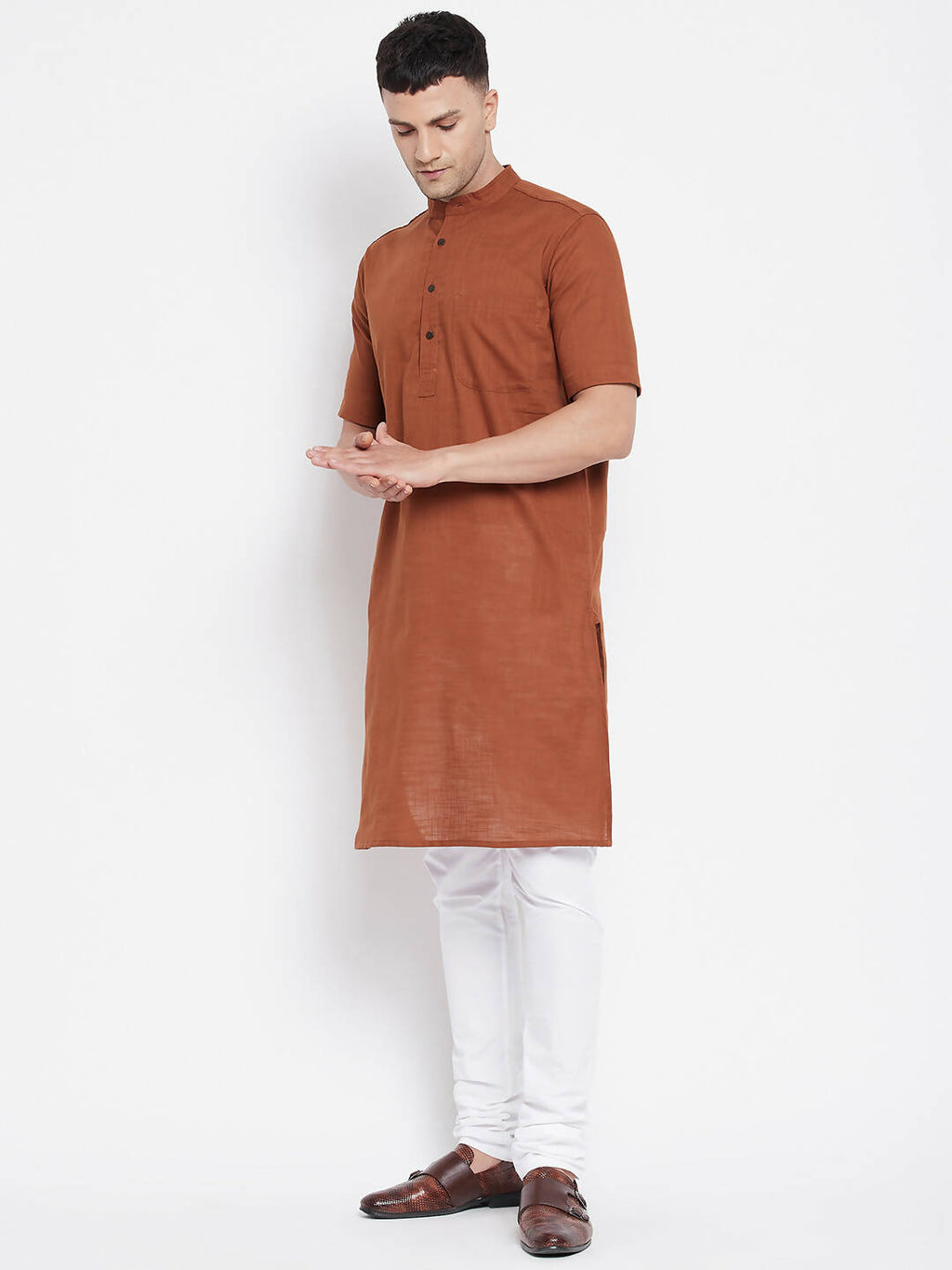 Even Apparels Brown Pure Cotton Men's H/S Kurta With Band Collar | Grocsy